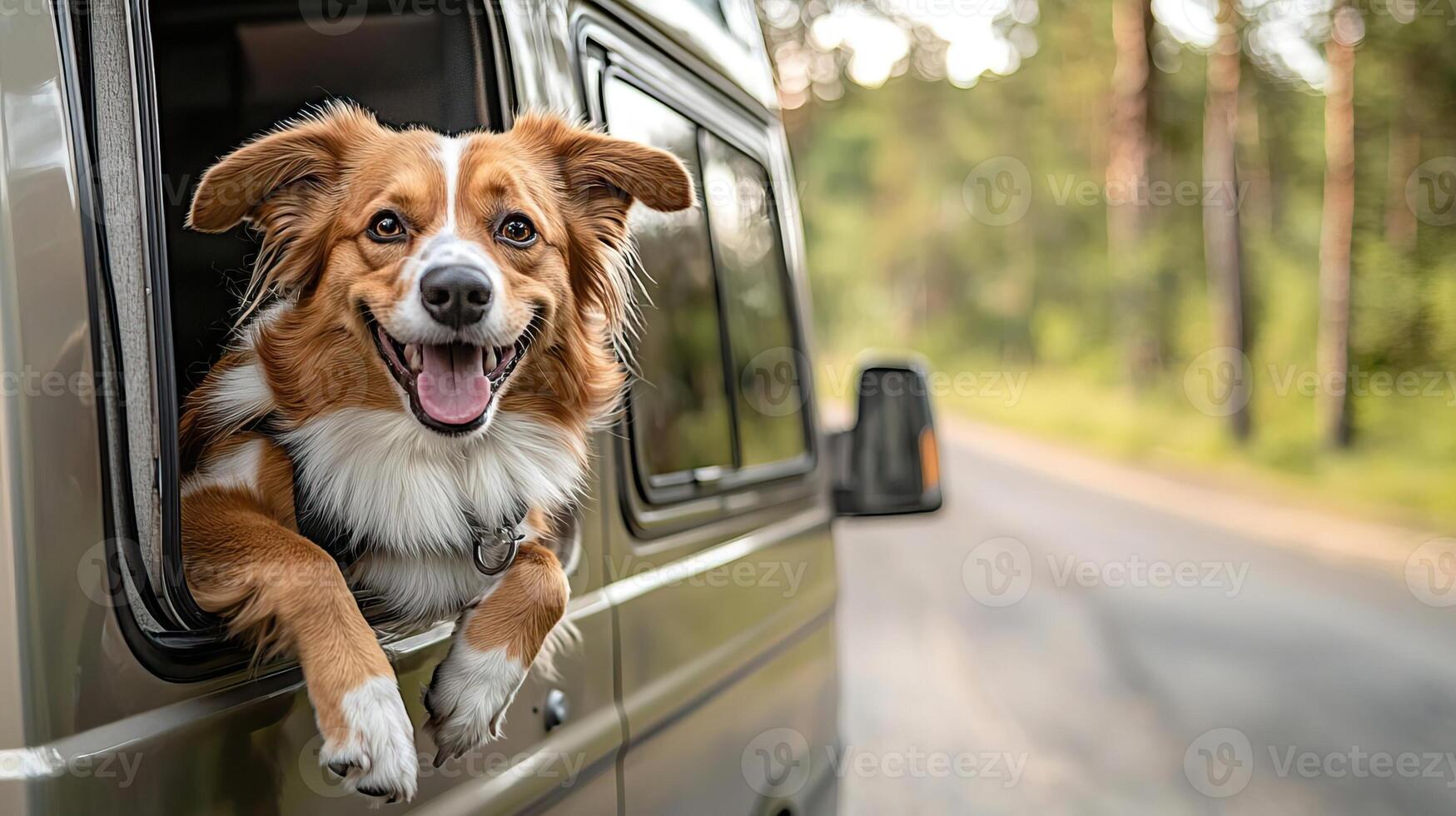 Dog leaning out of a camper van window with a happy expression, road trip with dog, excitement and freedom photo
