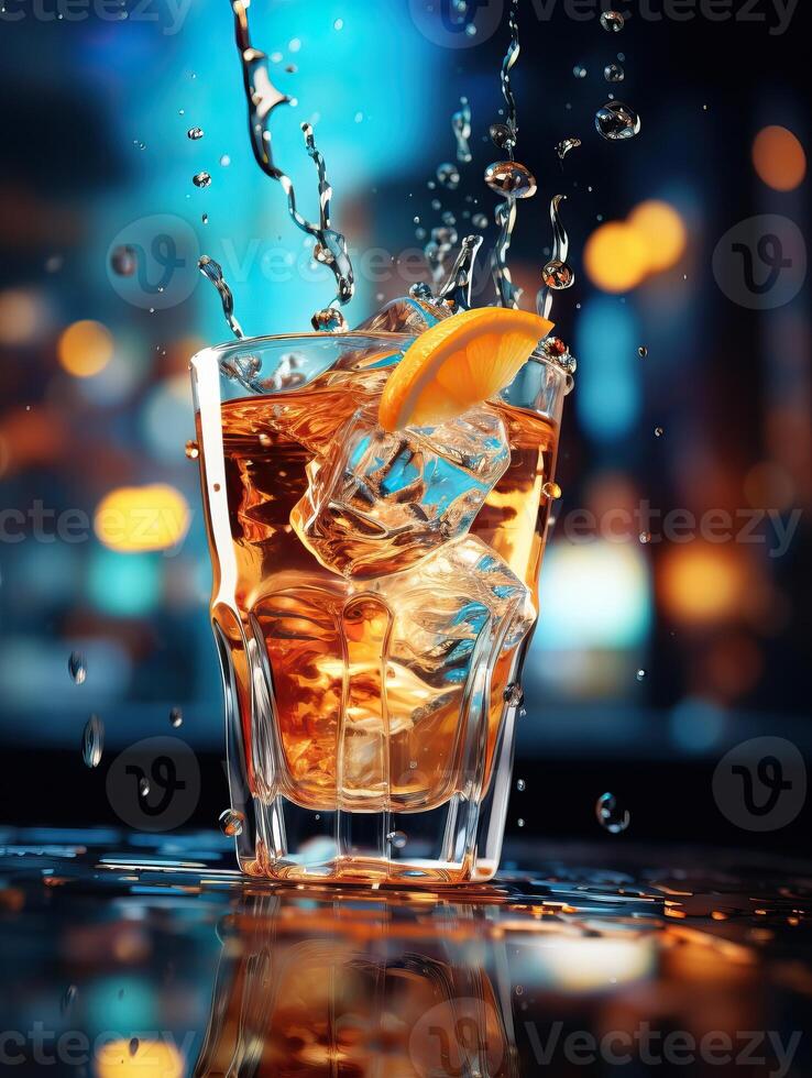 A glass of amber liquid with ice cubes and an orange slice. photo