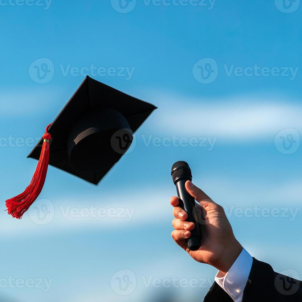 A graduate celebrating success by throwing a cap into the sky while holding a microphone, symbolizing achievement and joy. photo