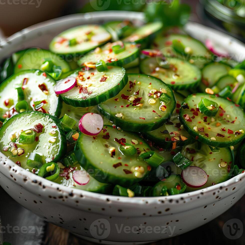 Oi muchim Korean cucumber salad with sesame seeds, spring onion and red chili pepper. photo