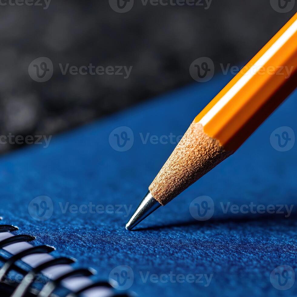 Close-up shot of an orange pencil resting on a blue notebook, highlighting creativity and inspiration in a study environment. photo