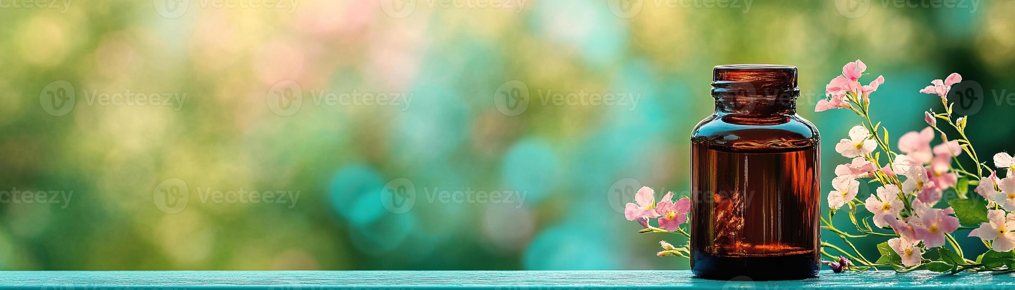 Aromatic essential oil bottle surrounded by delicate flowers, set against a soft, blurred natural background. photo