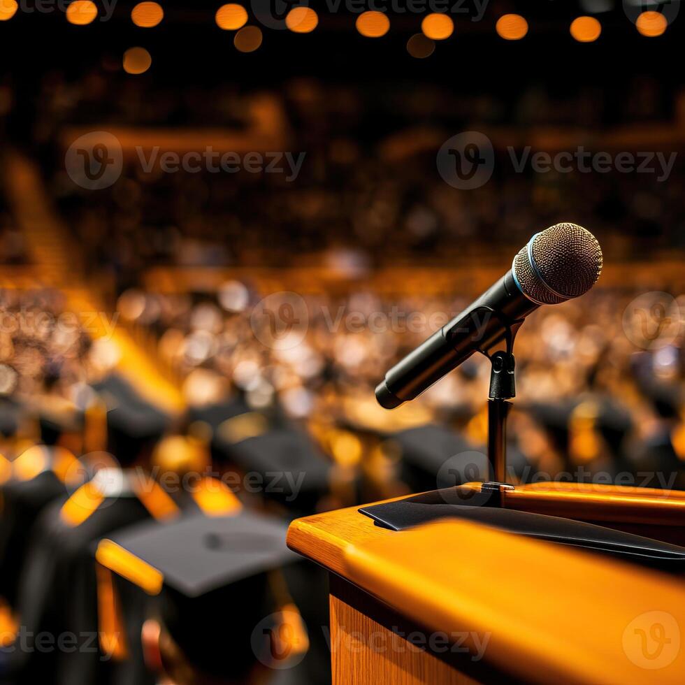 A microphone on a podium in front of a large crowd at a graduation ceremony, capturing a moment of celebration and achievement. photo