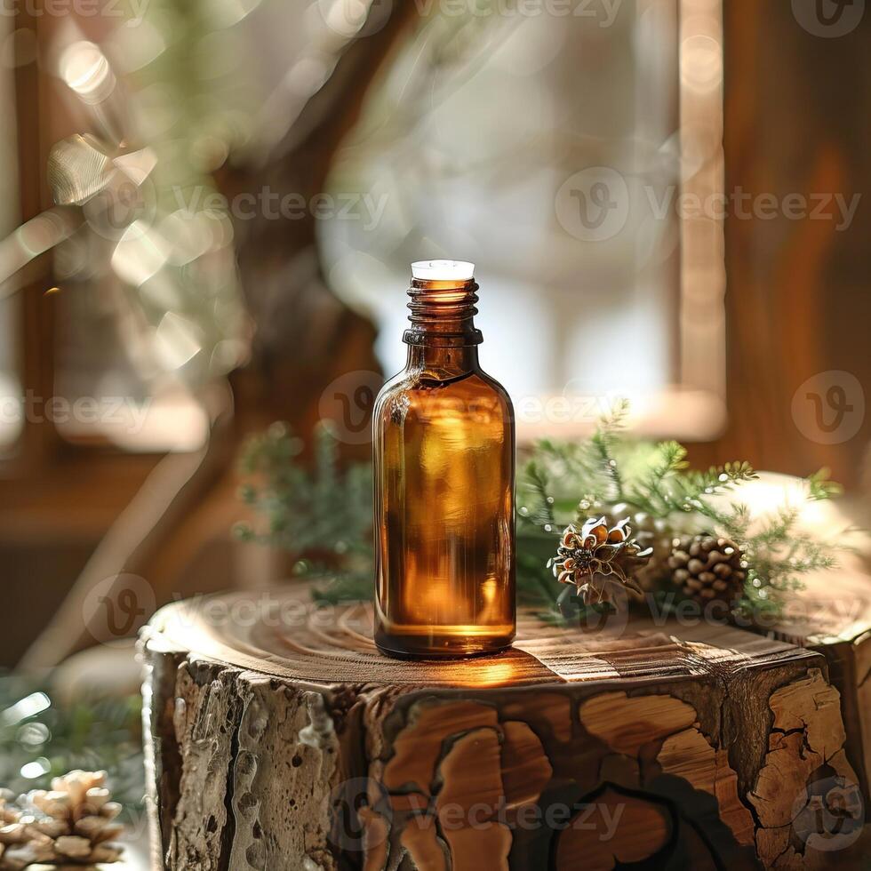 A small brown bottle of essential oil sits on a cut log surrounded by pine cones. photo