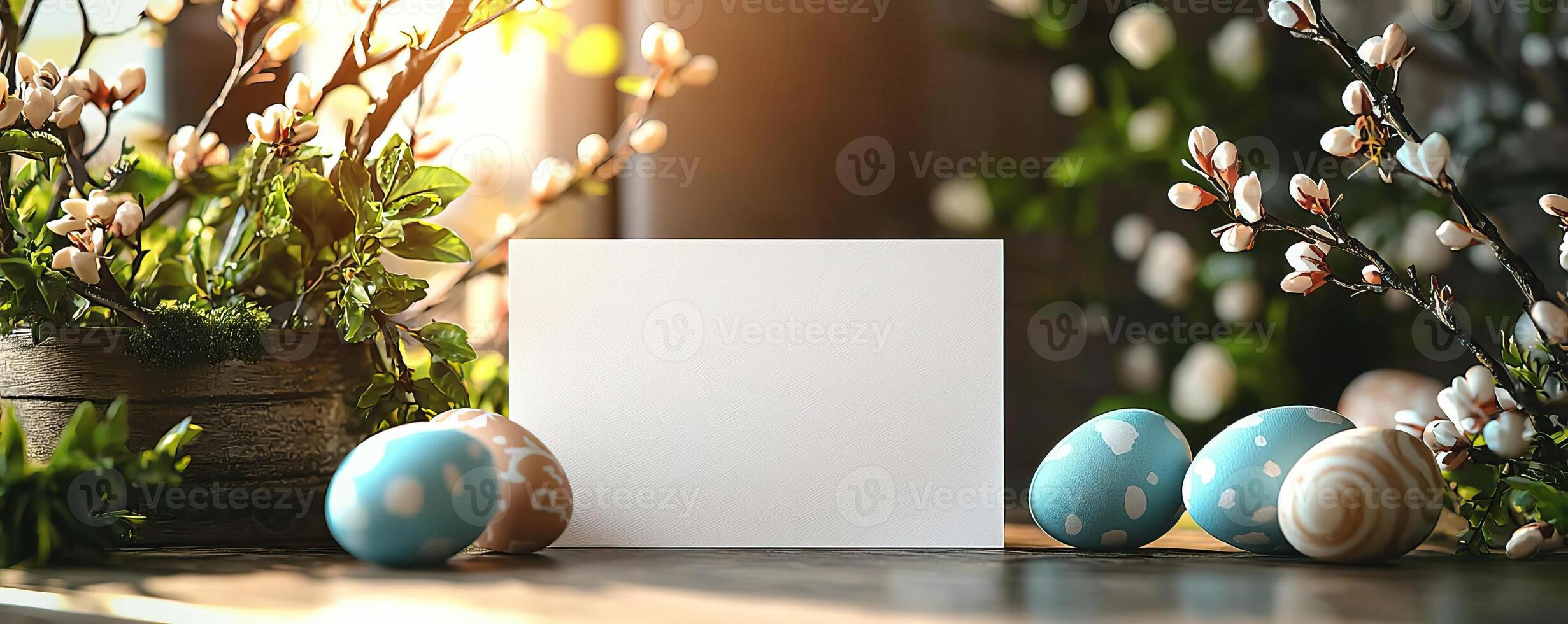 a mockup for an easter greeting card, blank greeting card on a table, easter vibes, spring, sunshine photo