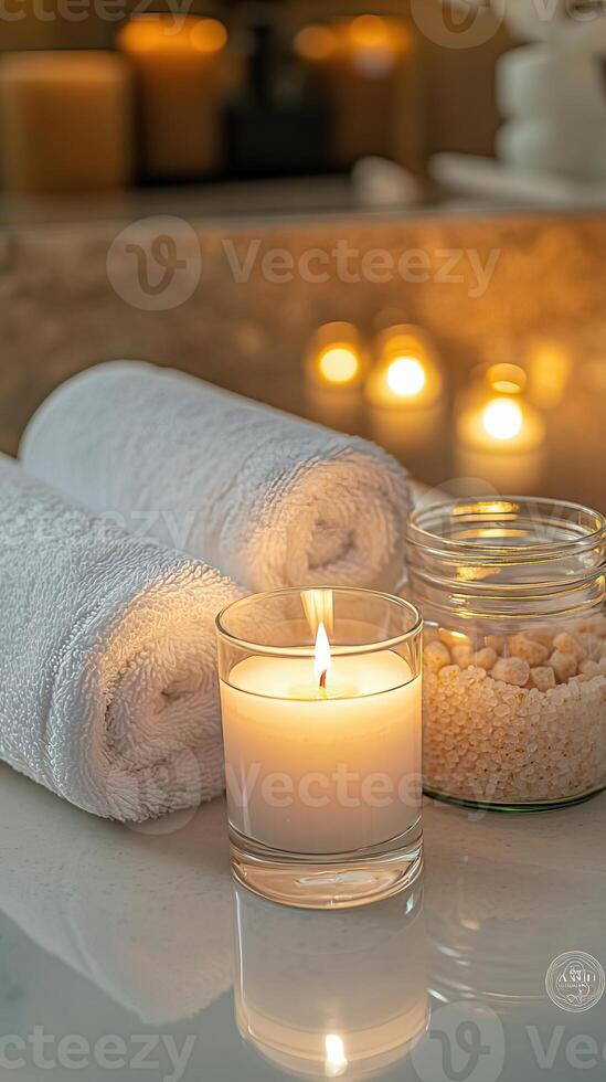 Blank clear straight candle glass amidst a setting with a plush pillow, a scented diffuser, and delicate string lights, modern warm bedroom mockup, serene and stylish photo