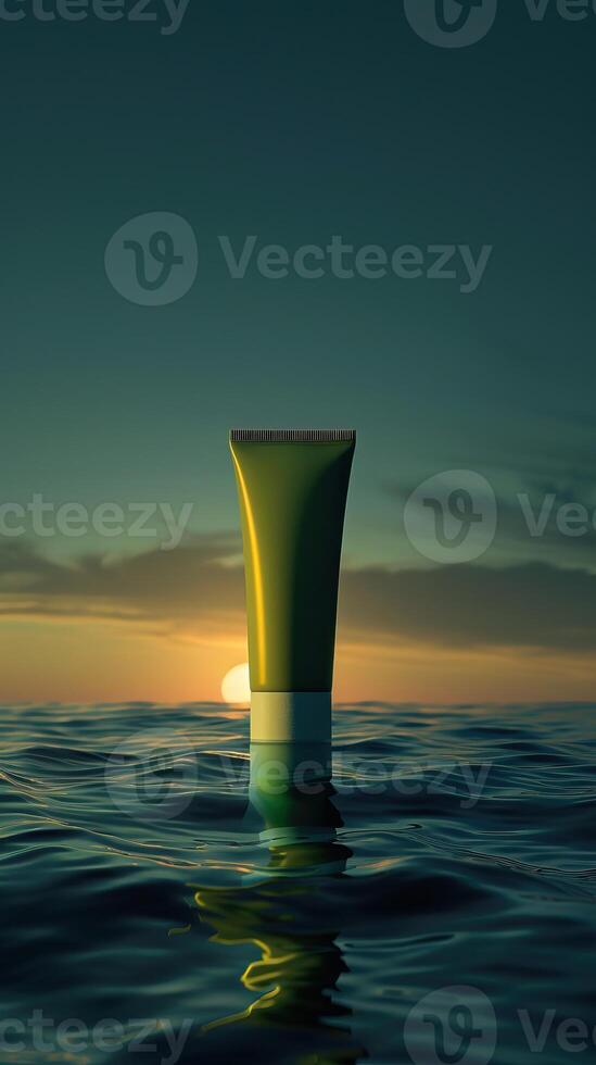 A skincare product bottle is floating on water during sunset, creating a serene and tranquil scene with a blend of nature and beauty care. photo