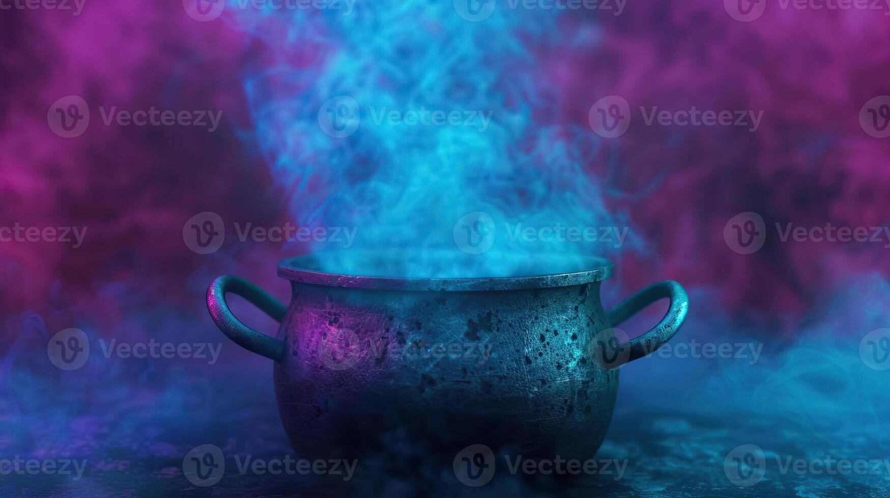 Witch's cauldron with ethereal smoke tendrils, magical and eerie background, editorial photography, empty space for text on side photo