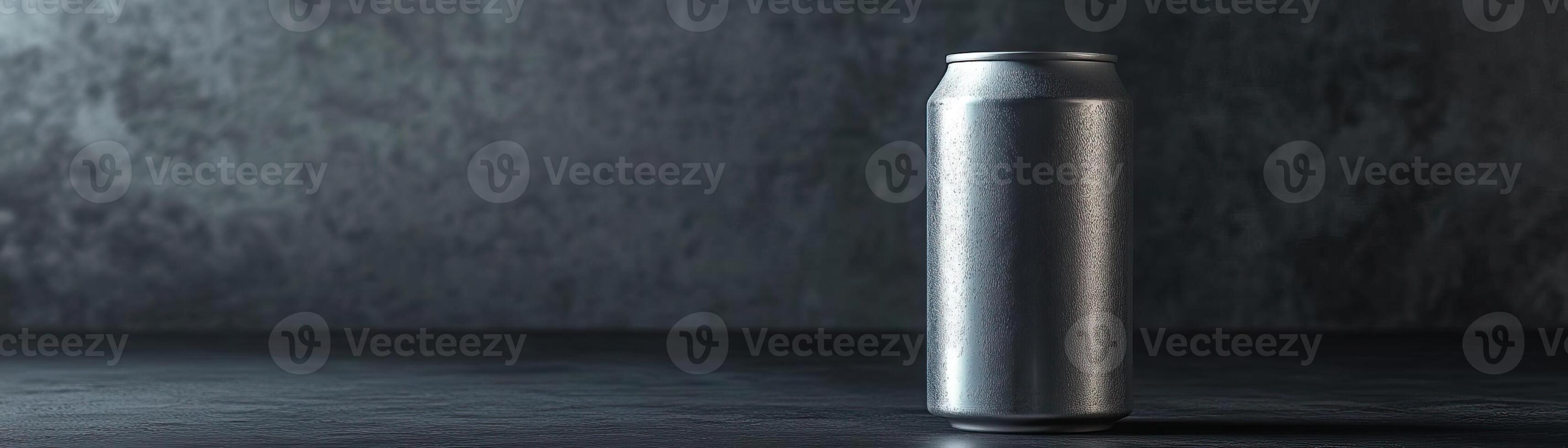 A minimalist composition of a craft beer can, clean lines against a dark, textured backdrop, panoramic space above for copy photo