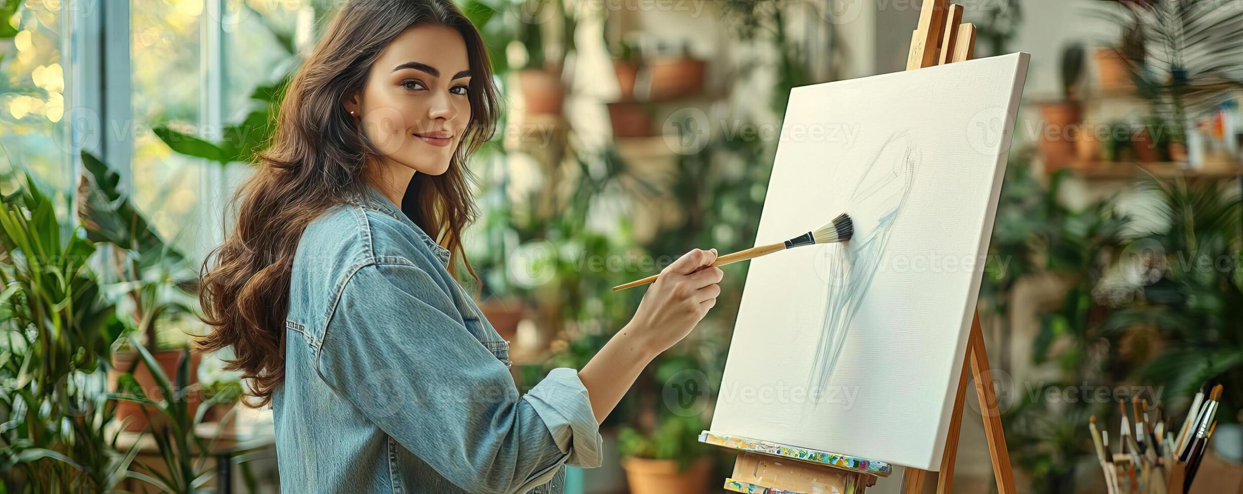 Artist in a bright, modern studio, holding a brush as she begins to sketch on a fresh white canvas on an easel, creative process, inspired and engaged photo