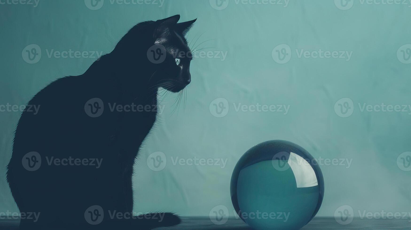Close-up of black cat silhouettes next to crystal balls with ethereal mist, creating a chilling and mysterious background, editorial photography, empty space for text on left photo
