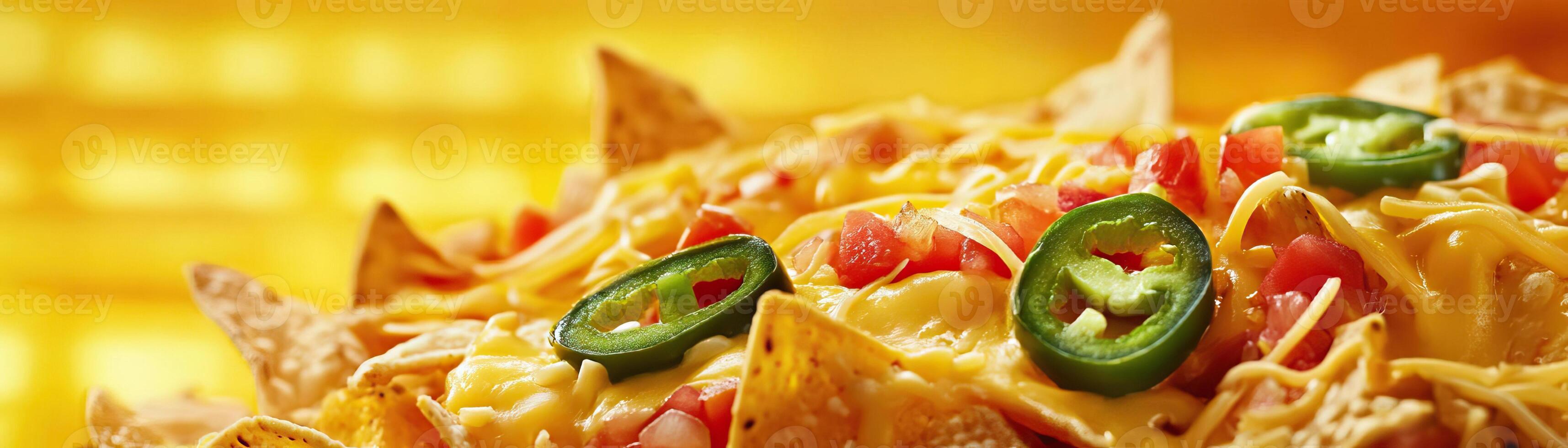 Delicious nachos topped with melted cheese, jalapenos, and fresh tomatoes on a vibrant background perfect for food lovers. photo