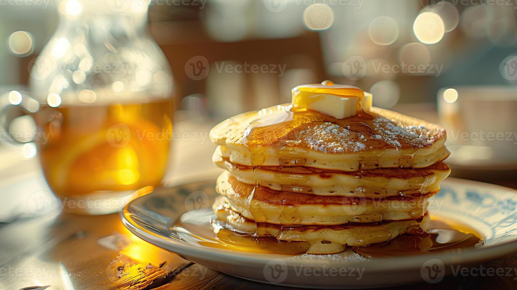 A stack of pancakes with butter and syrup on top photo