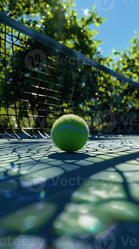 Tennis ball on the court with net and trees in the background photo
