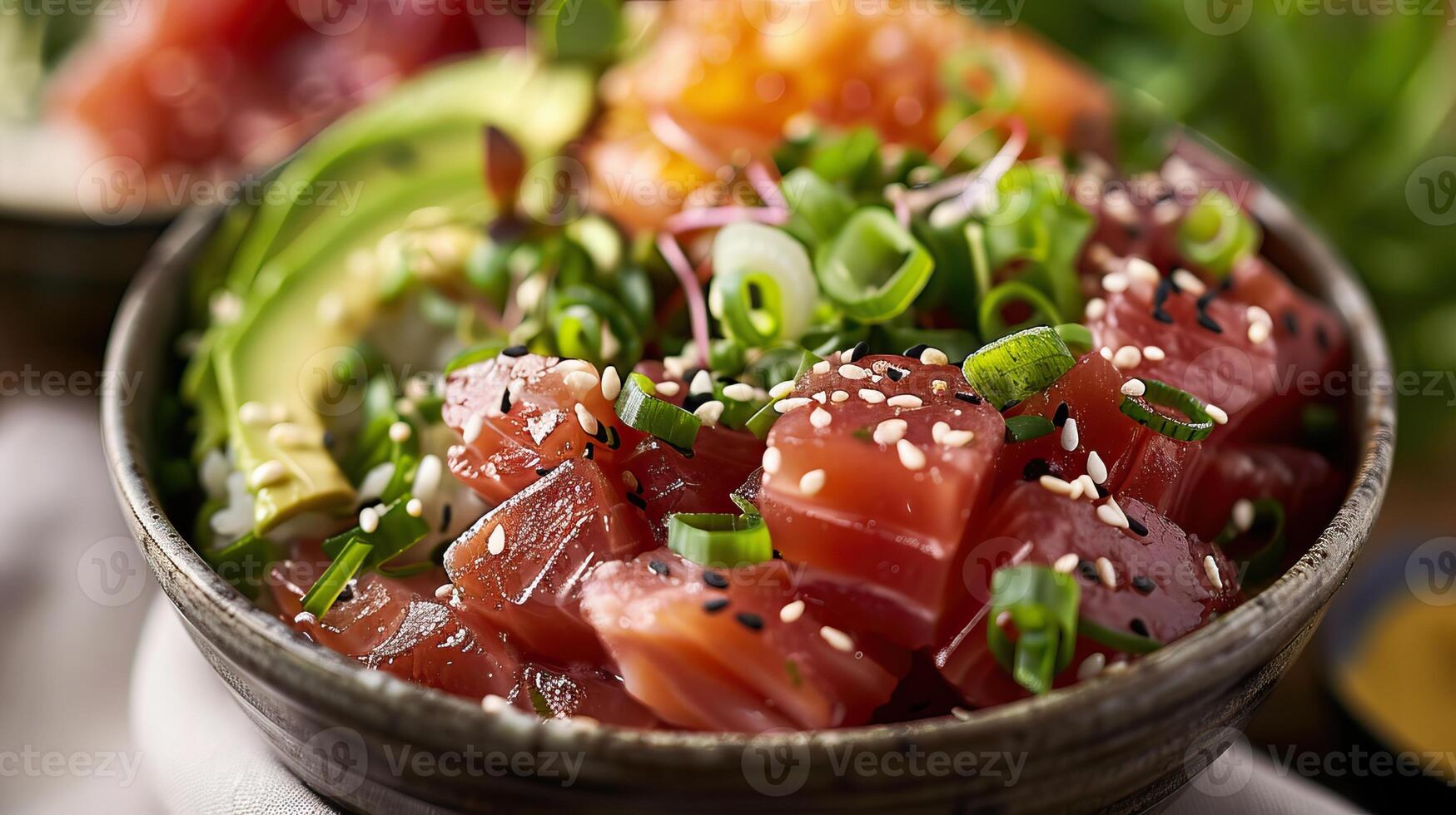 A delicious and healthy poke bowl with tuna, avocado, cucumber, edamame, carrots and sesame seeds. photo