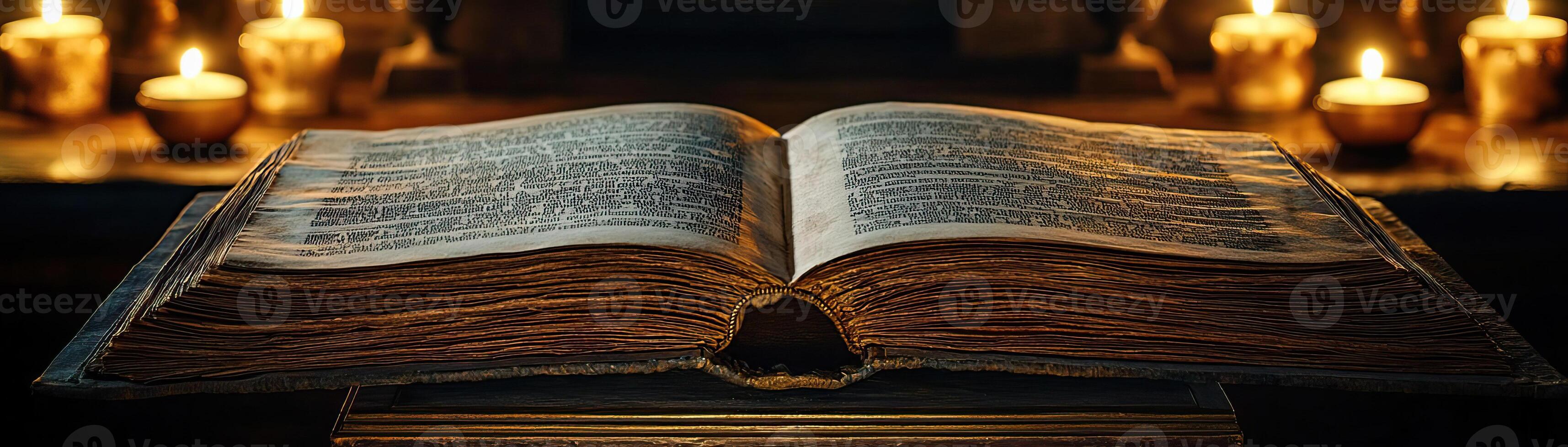 An ancient blank book open on a stand, illuminated by the soft, flickering light of surrounding candles, suggesting an aura of history and secrets, mystical and serene photo
