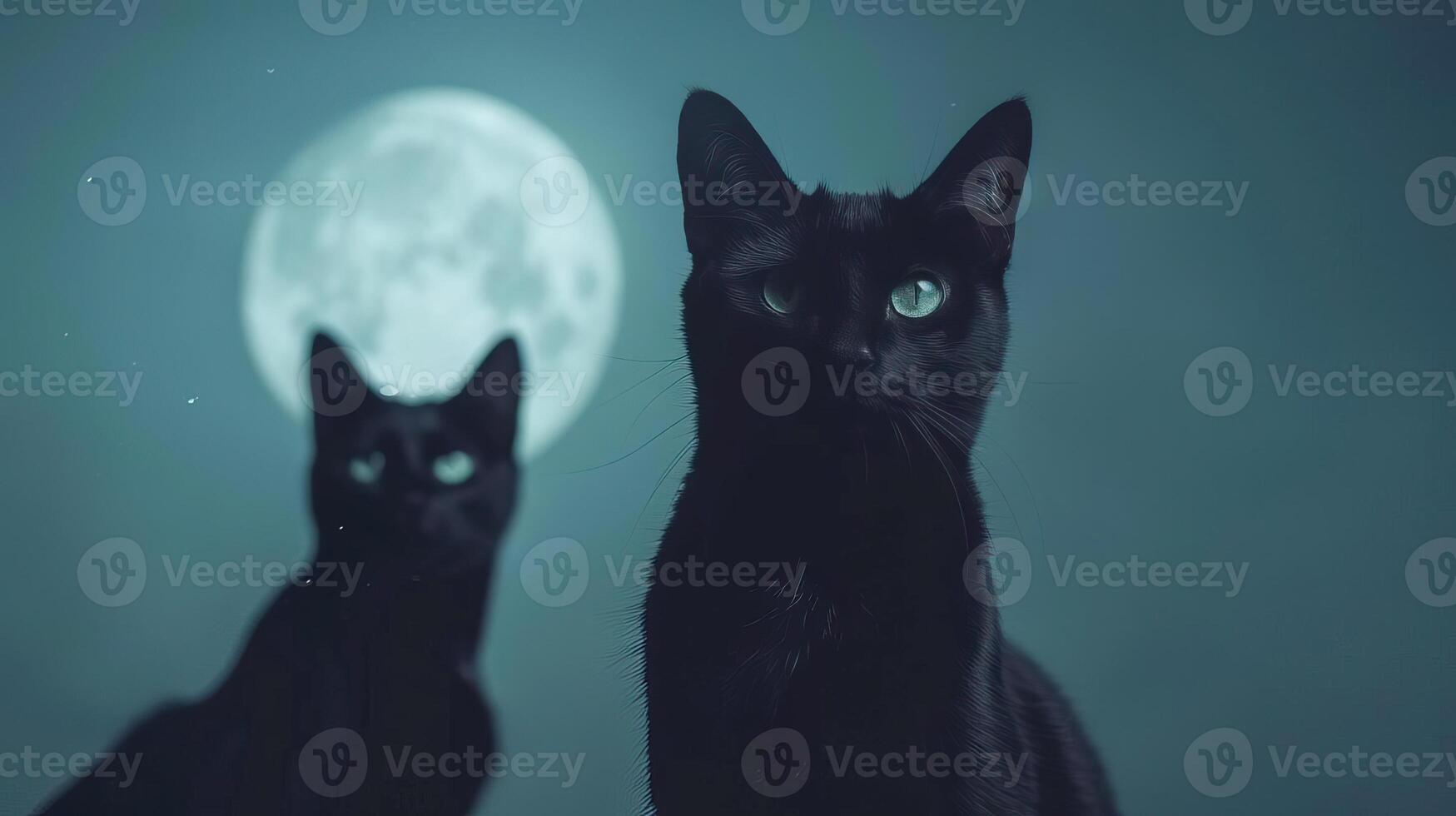 Close-up of black cat silhouettes against a moonlit background, creating a chilling and mysterious scene, editorial photography, empty space for text on left photo
