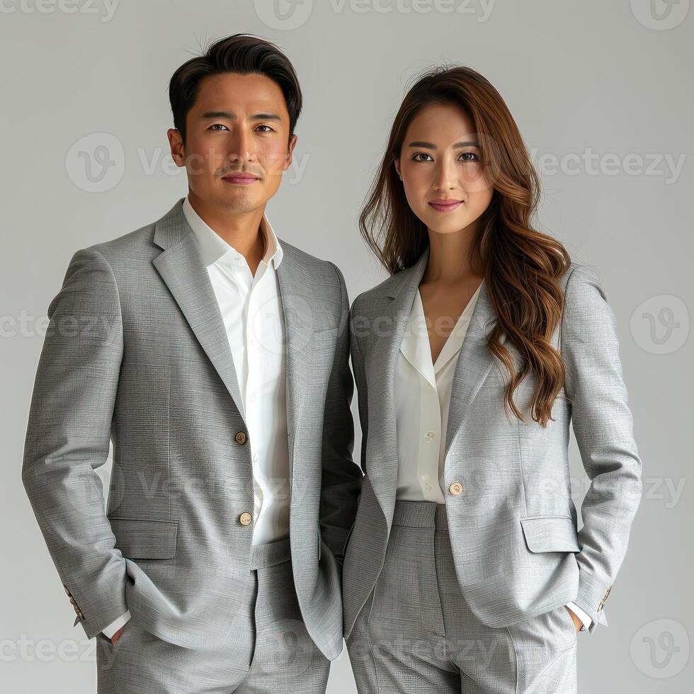 A professional headshot of a man and a woman both wearing tailored gray suits. photo