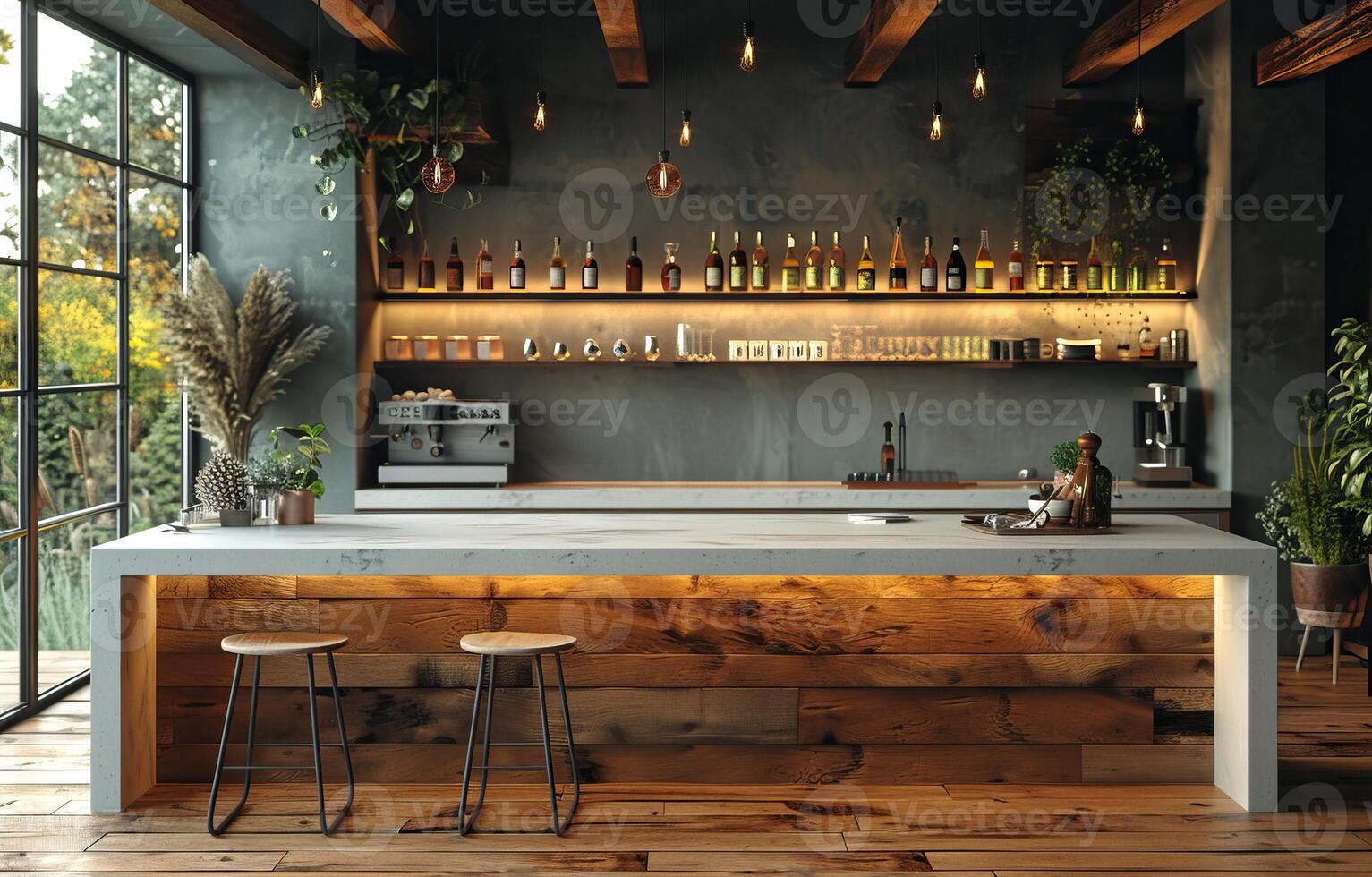 Modern industrial home bar with concrete counter, wood accents, and hanging pendant lights, surrounded by plants and natural light. photo