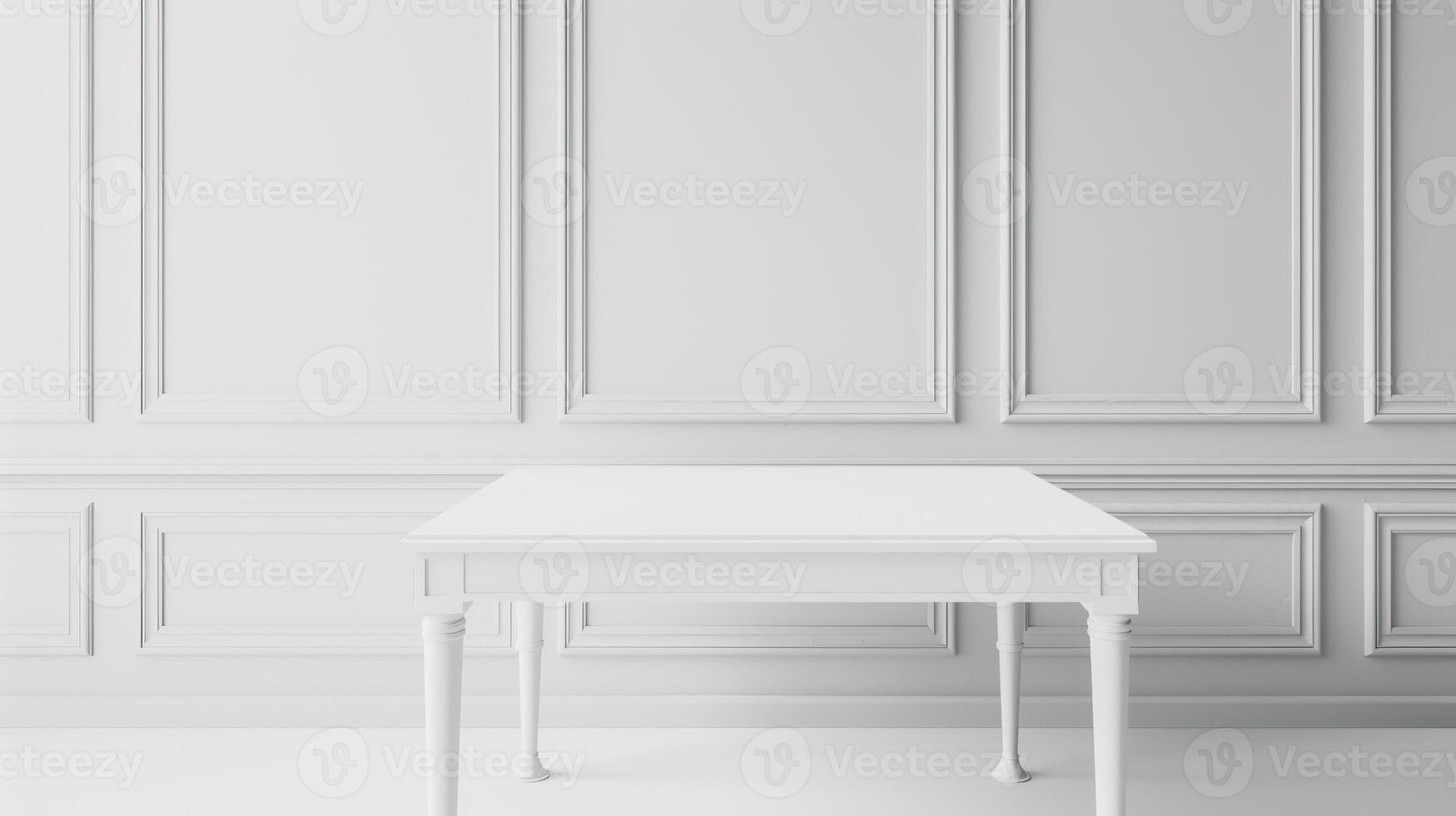 A photo of a white table in a white room with white walls and white trim.