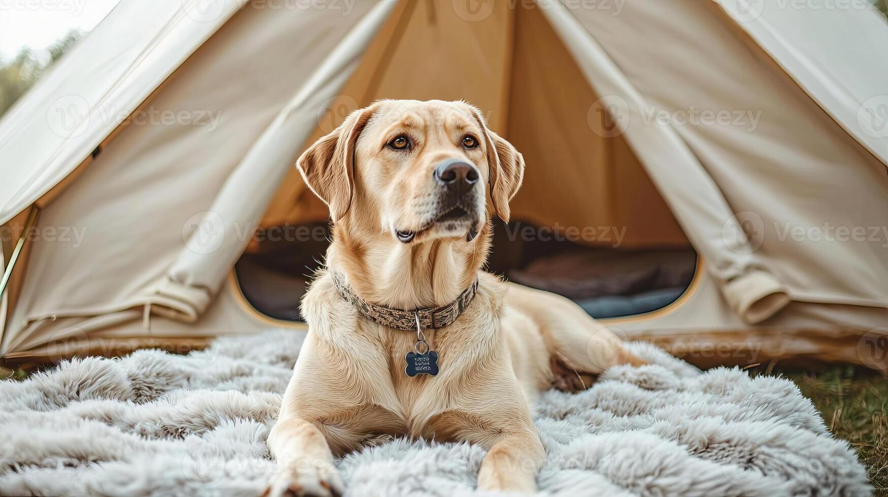 Dog lounging on a fluffy blanket inside a beautifully decorated glamping tent, glamping with your pet, serene and stylish photo