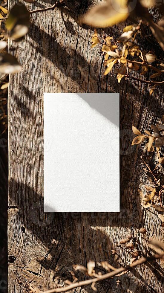 6x9 size white greeting card mockup, top view, weathered wooden table, scenic light photo