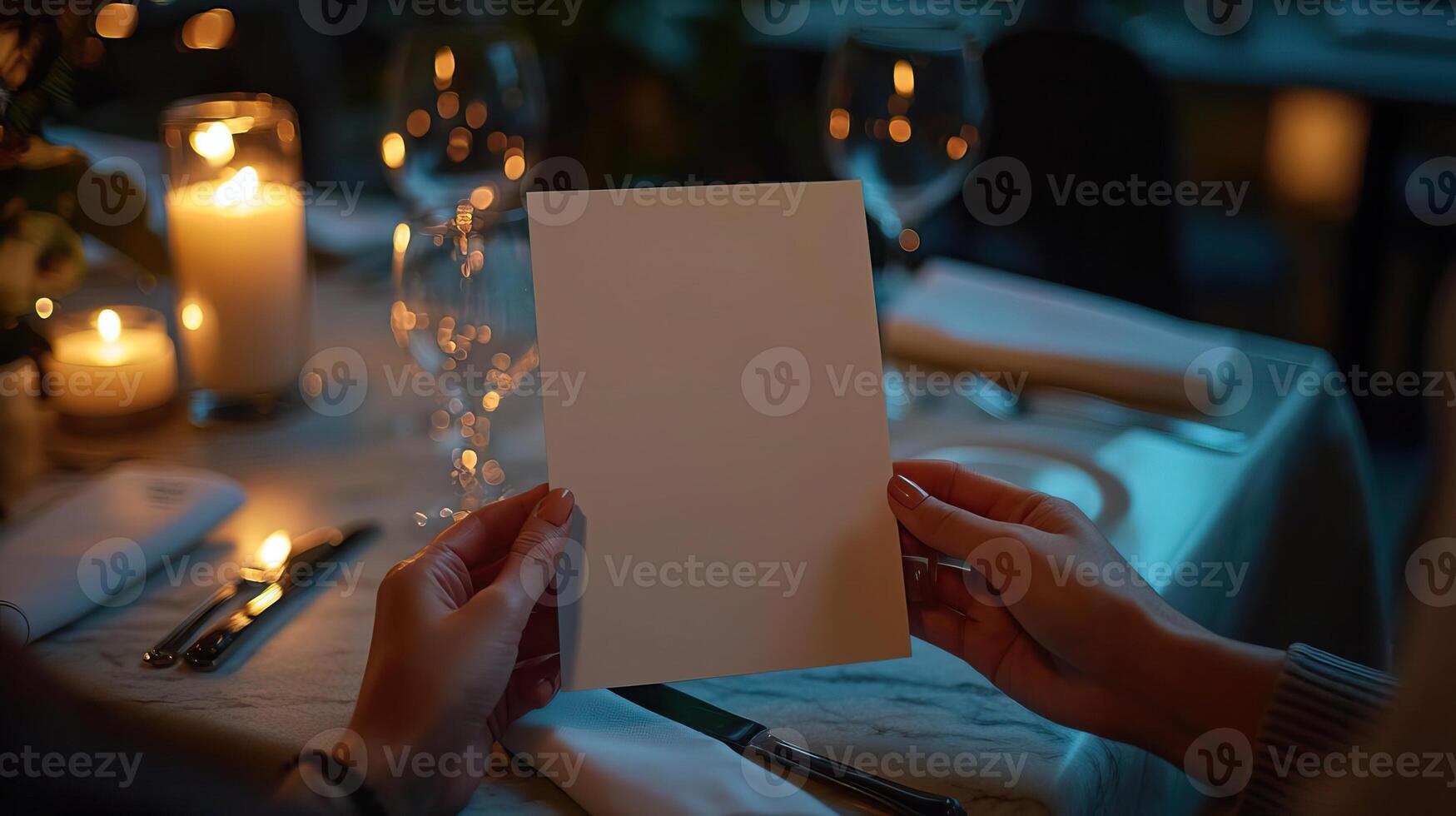 a branding mockup for a menu design of hands holding a blank menu sitting at a table at a fancy restaurant, direct flash bright flash light candle lit table photo