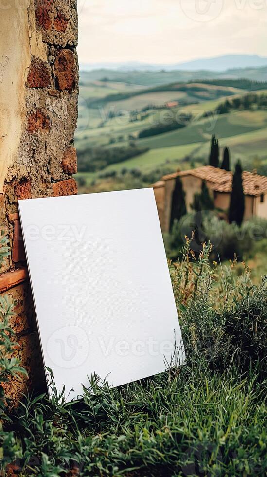 A close up center shot of a blank white 23 A4 piece of art paper leaning up against a building in the greenish fields of Tuscany photo