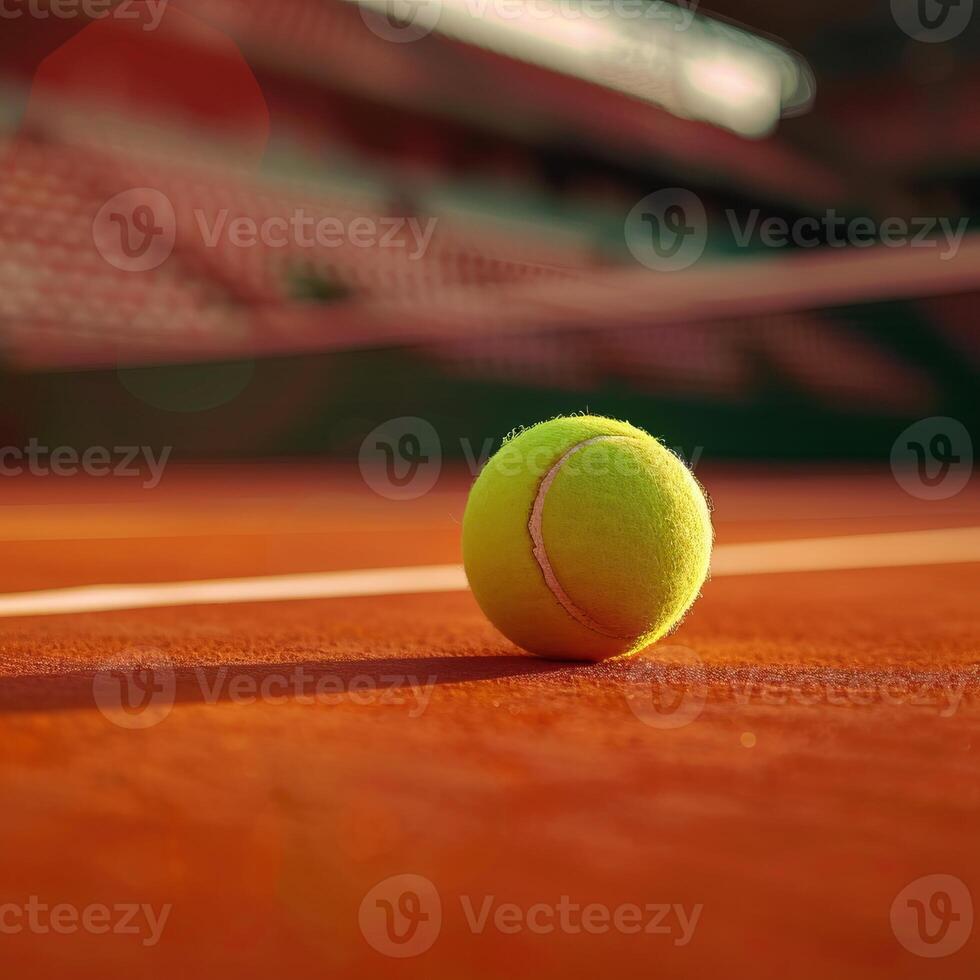 A close up of a tennis ball on a clay court with the net and stadium in the background. photo