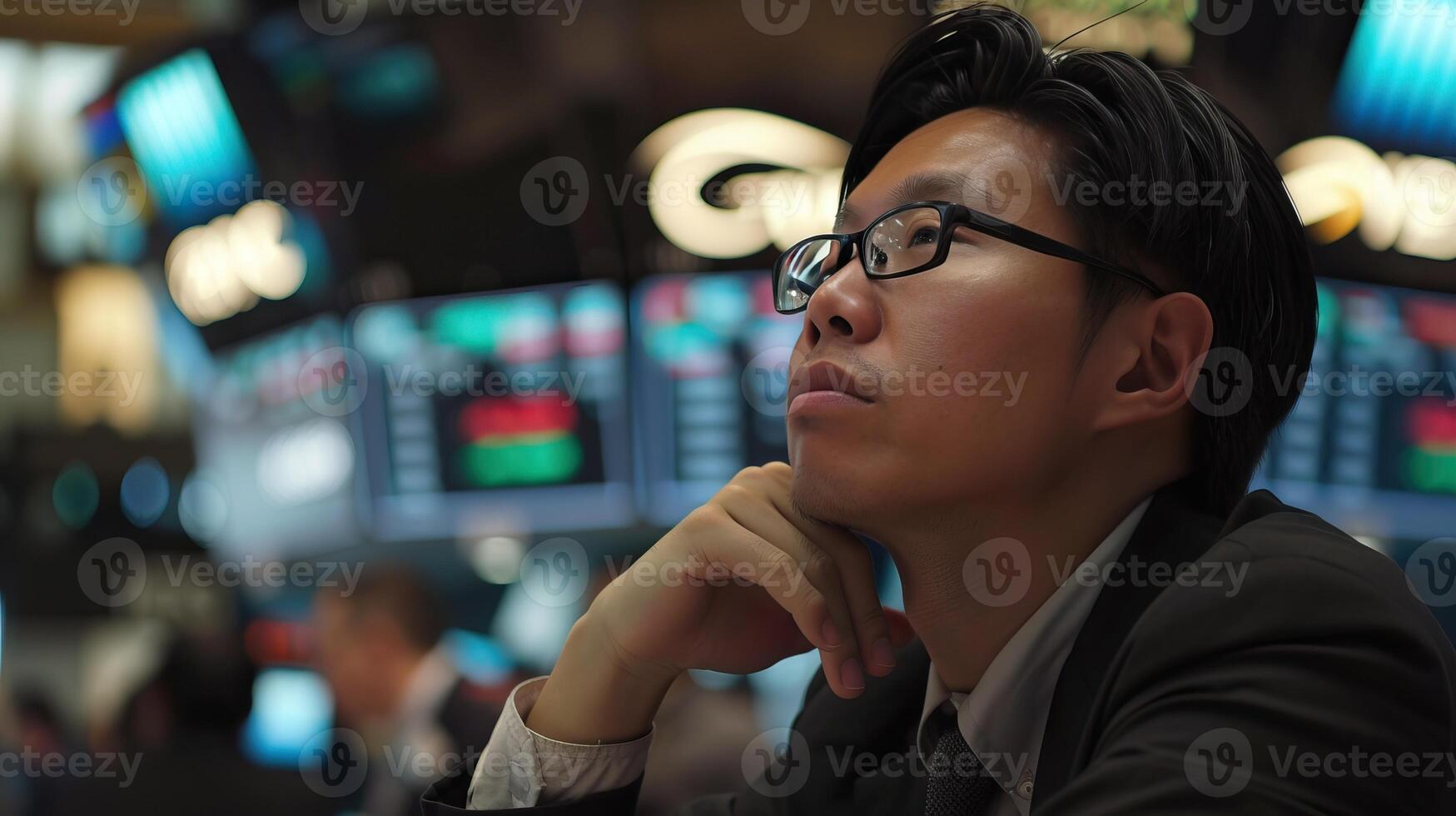 A young Asian man wearing glasses is looking at the stock market board, contemplating his next move. photo