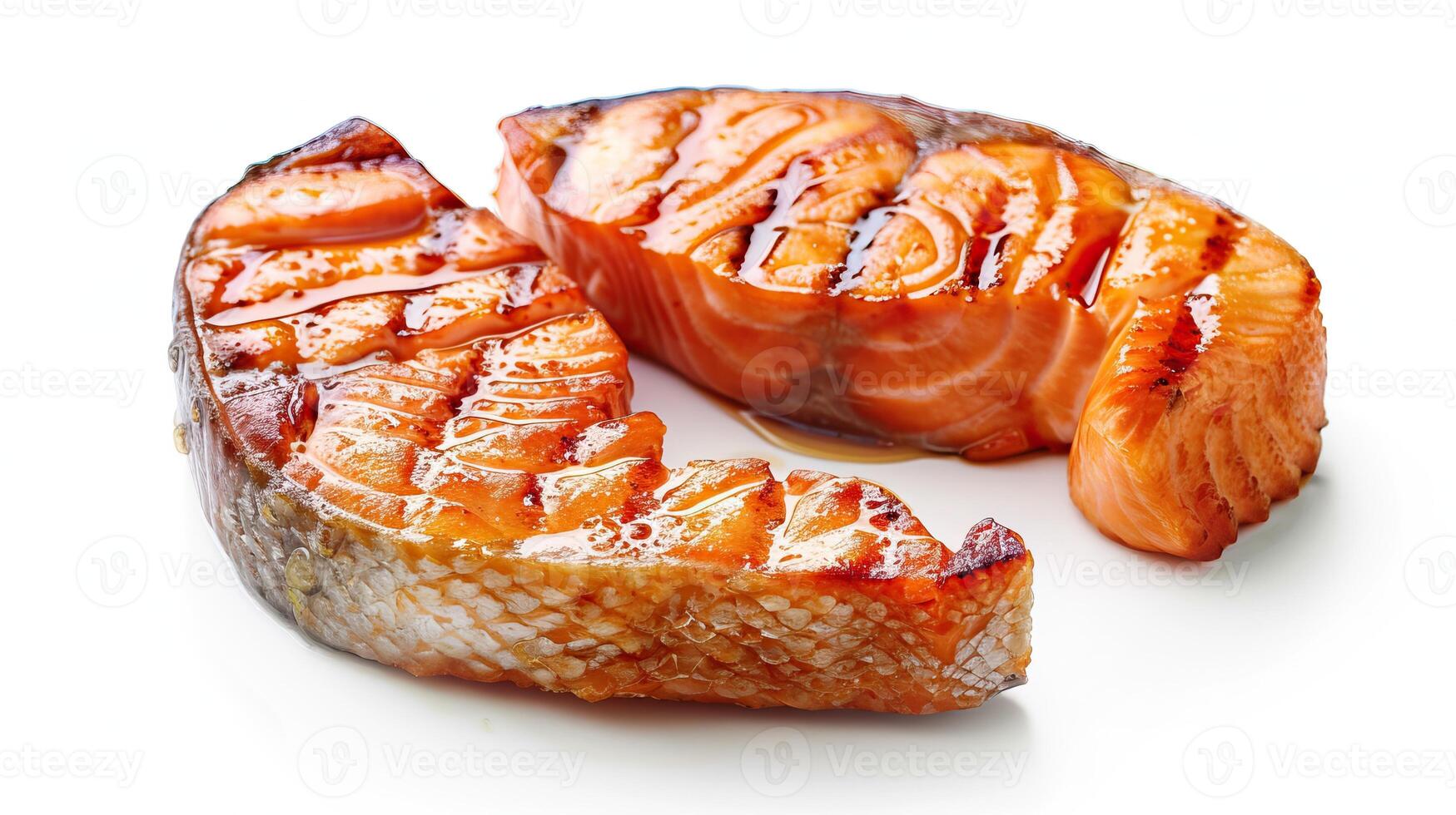 Two pieces of grilled salmon fillet on white background photo