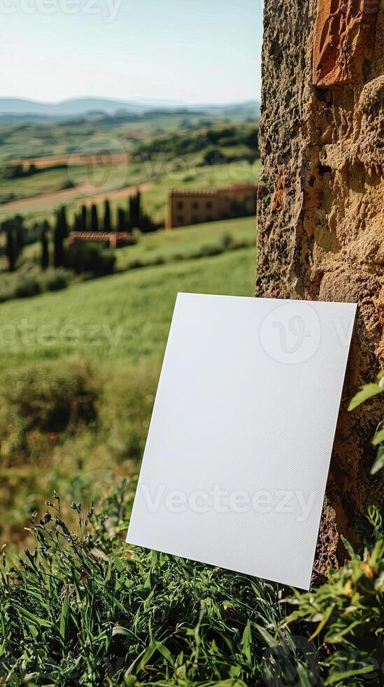 A close up center shot of a blank white 23 A4 piece of art paper leaning up against a building in the greenish fields of Tuscany photo