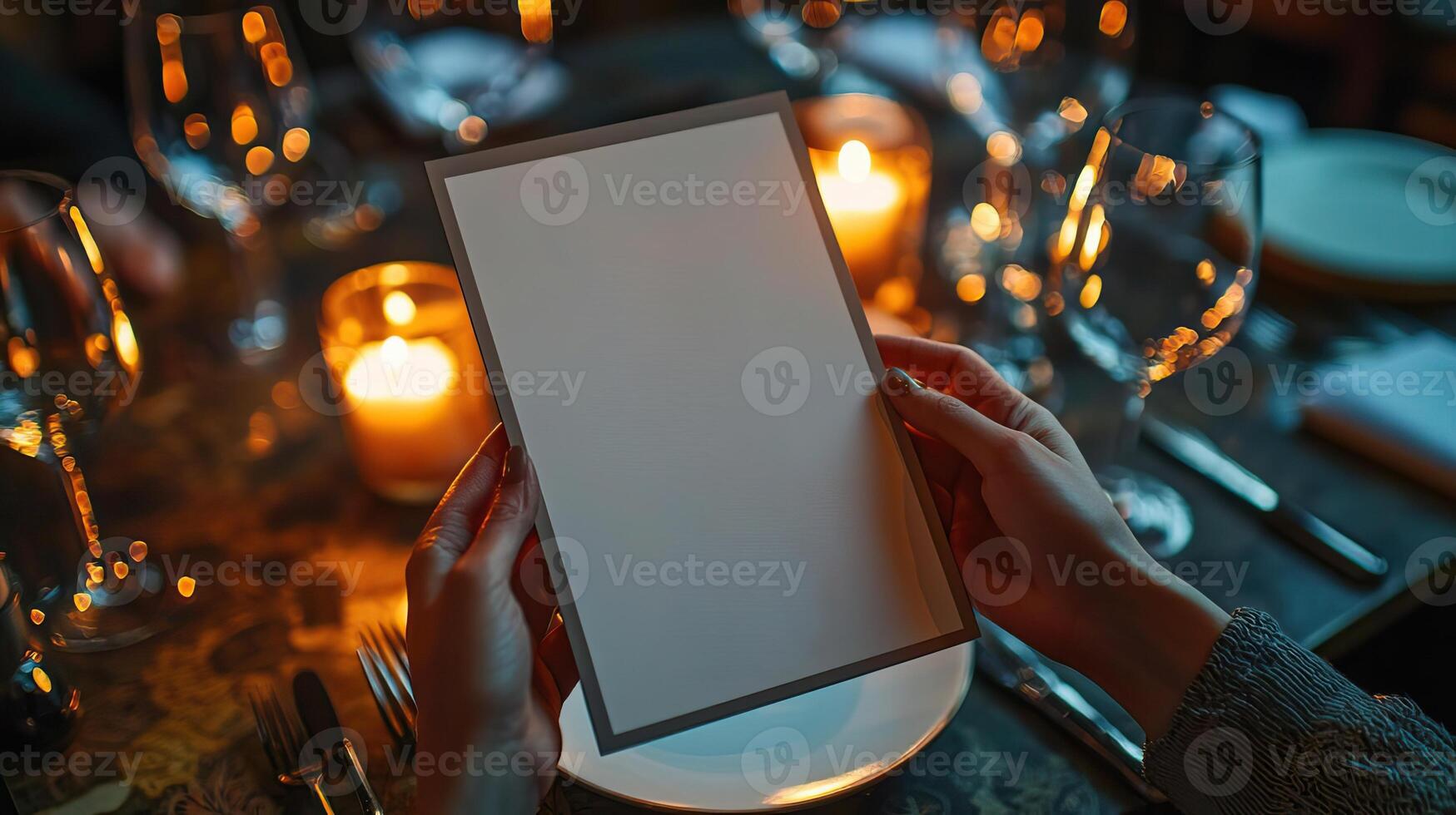 a branding mockup for a menu design of hands holding a blank menu sitting at a table at a fancy restaurant, direct flash bright flash light candle lit table photo