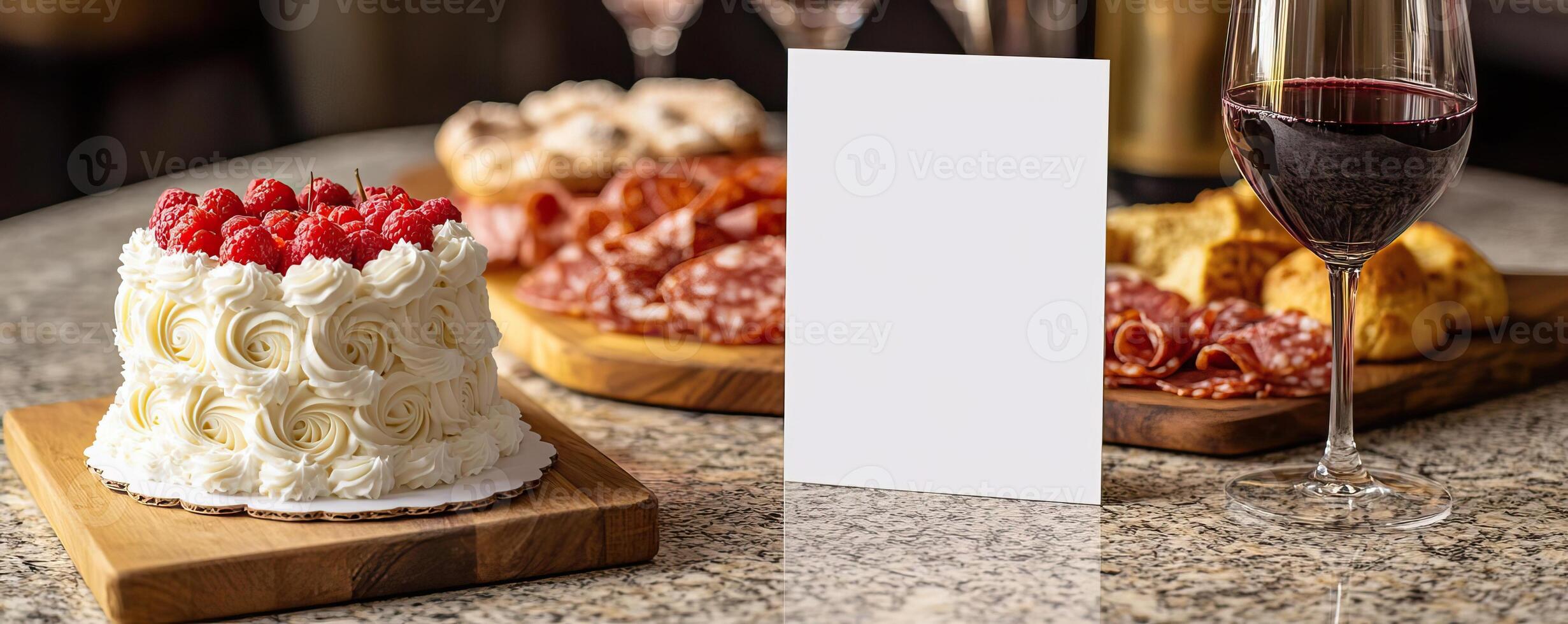 a granite clean tabletop with a blank white vertical 5x7 card next to charcuterie board and white cake with traditional pipiing photo