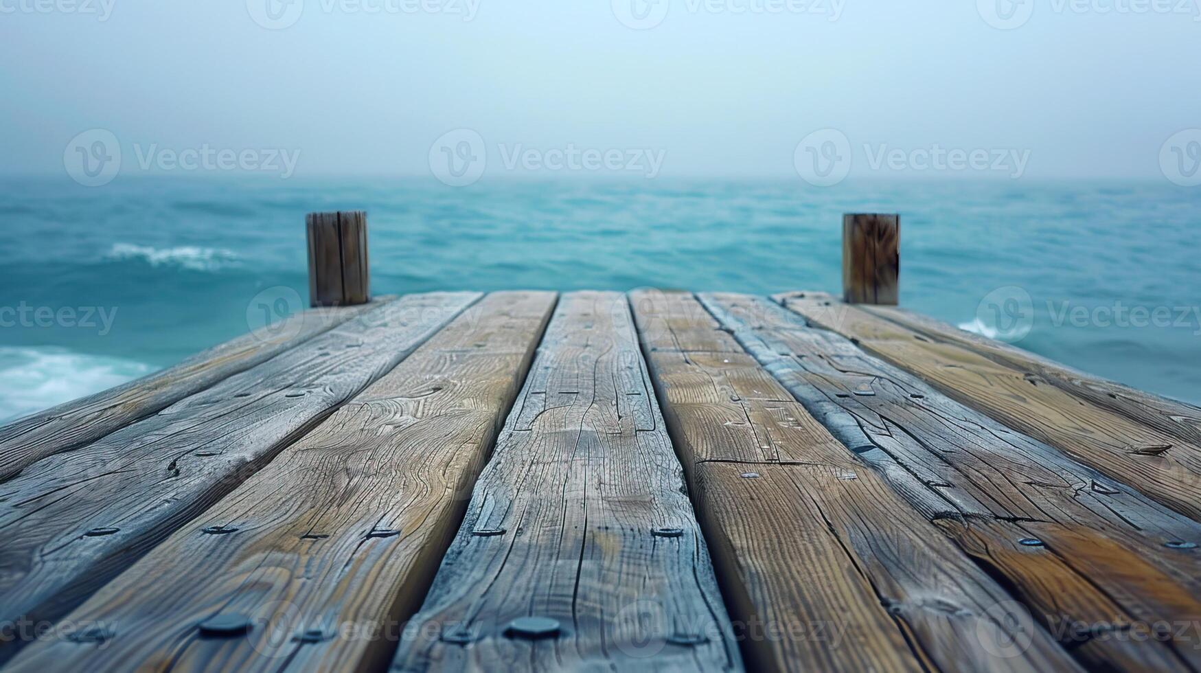 A wooden dock jutting out into a body of water with a cloudy sky overhead. photo