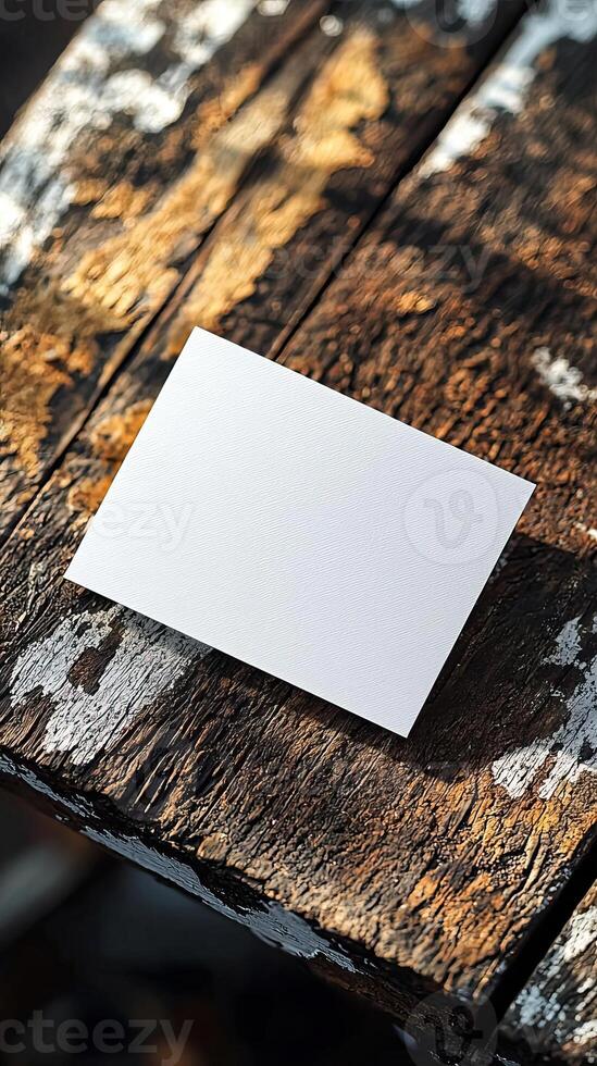 6x9 size white greeting card mockup, top view, weathered wooden table, scenic light photo
