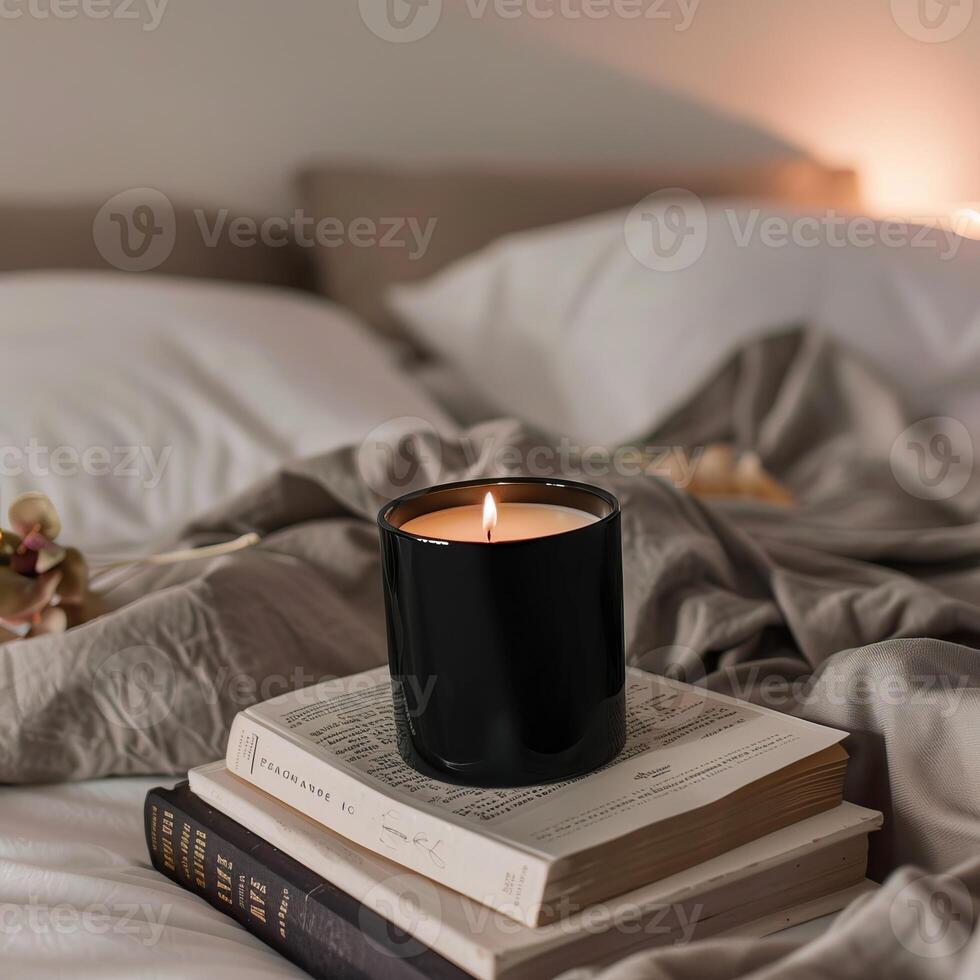A black candle burning on a stack of books in a bed with white sheets and gray comforter. photo