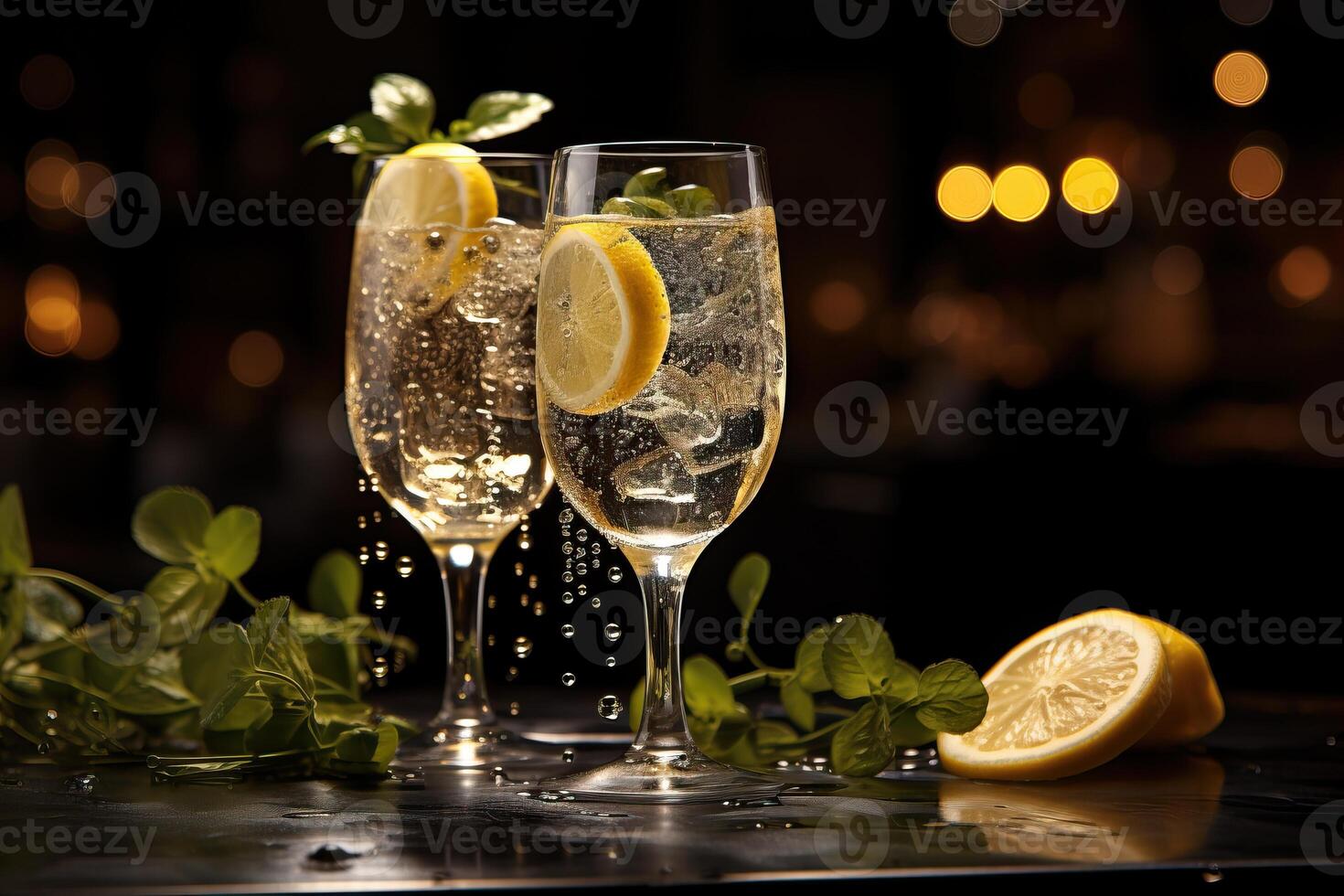 Two champagne glasses with lemon wedges and mint on a dark background. photo