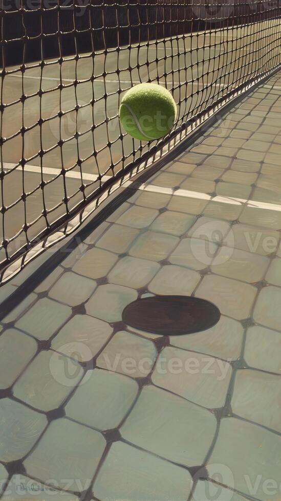 Tennis ball caught in net with shadow on the ground. photo