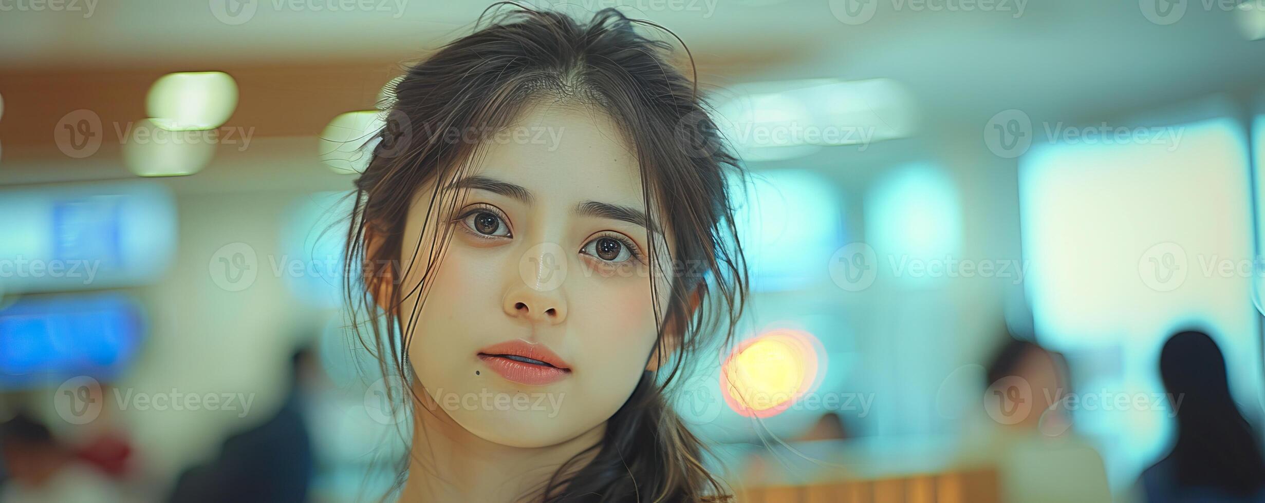 A beautiful girl with long brown hair and light brown eyes is looking at the camera with a slight smile on her face. She is wearing a white shirt and her hair is in a ponytail. The background is blurr photo