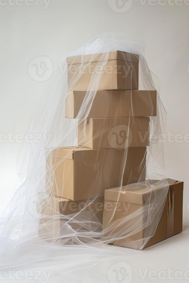 A stack of cardboard boxes covered with a white veil photo