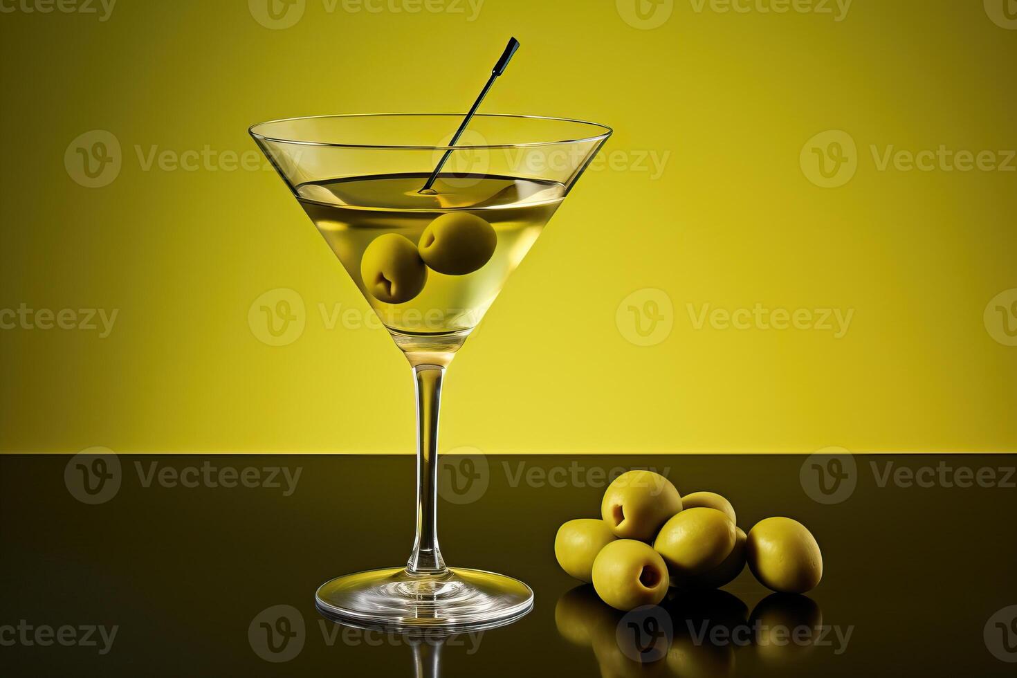 Martini with green olives on a yellow background photo