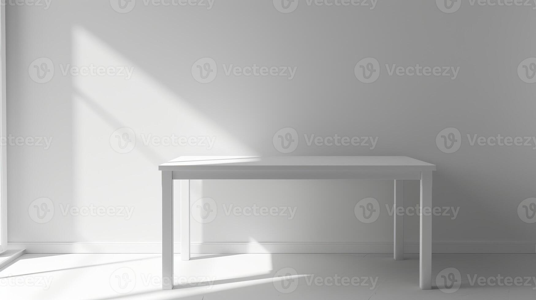 A single white table sits in the center of a white room with a single window. photo