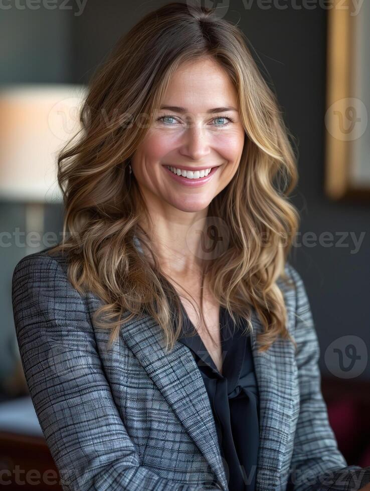 A photo of a beautiful woman with long brown hair, blue eyes, and a warm smile. She is wearing a grey suit jacket.