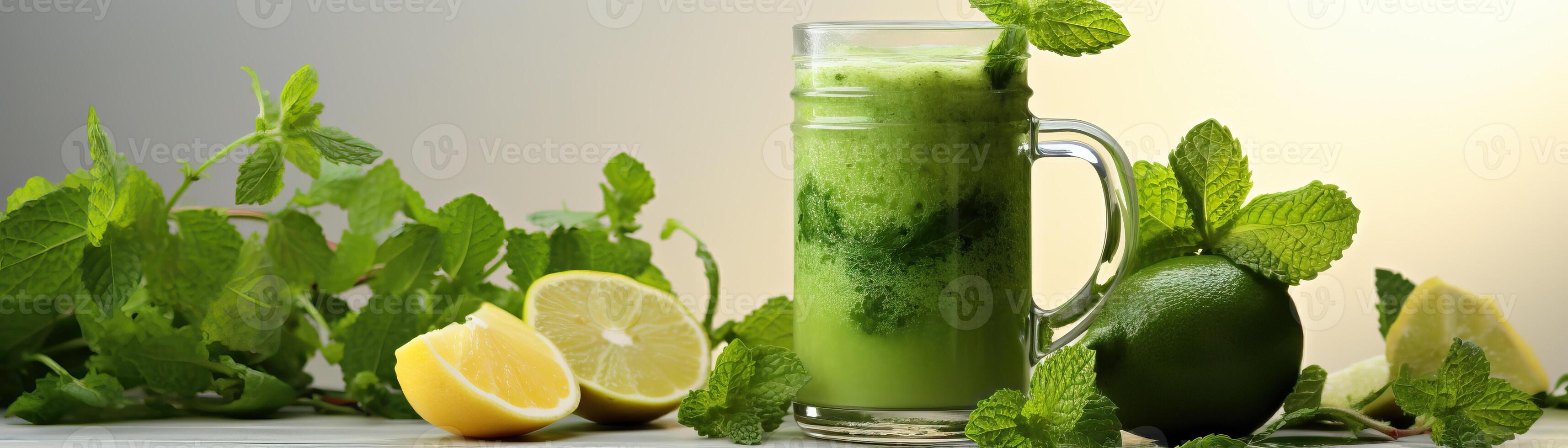 Refreshing green smoothie with lemon and mint photo