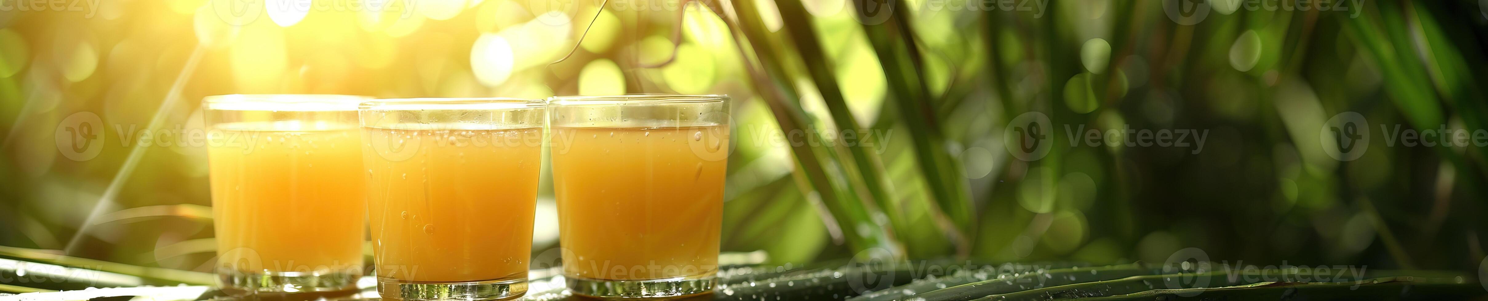 Three glasses of fresh orange juice with blurred palm trees in the background photo