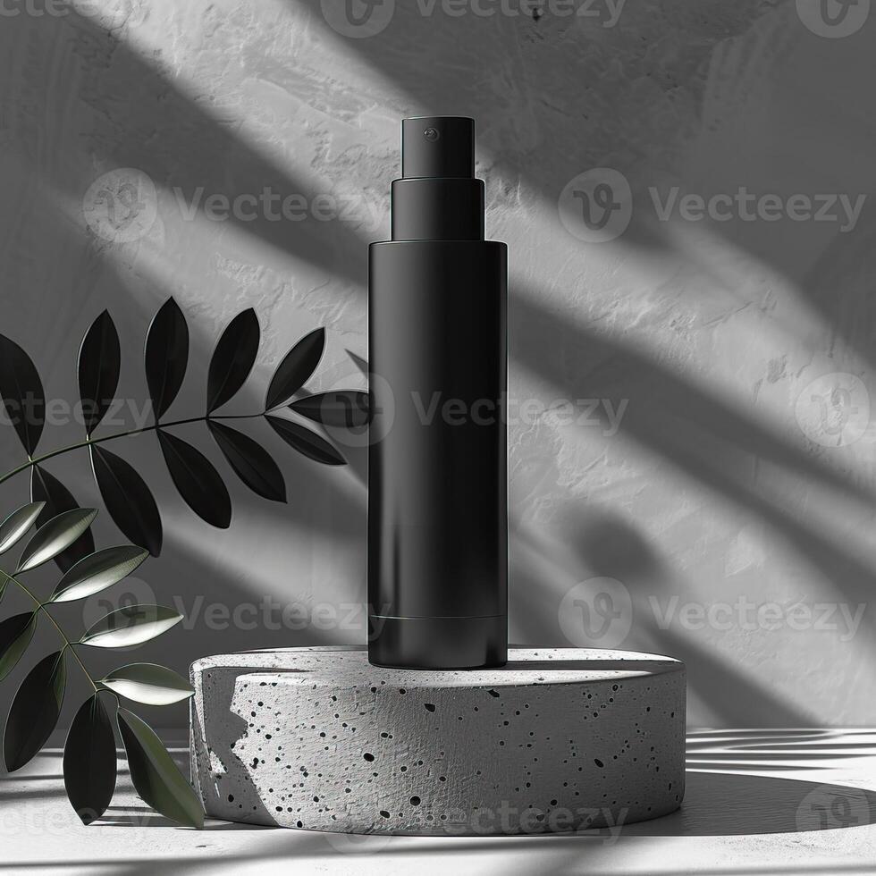 A black bottle on a marble podium with a plant next to it. photo