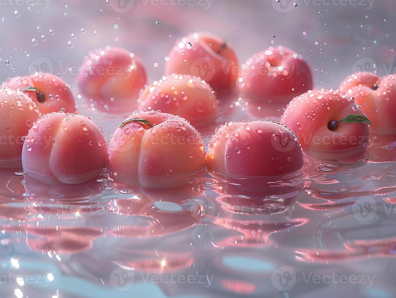 A group of wet peaches sit on a reflective surface, droplets of water cling to their fuzzy pink skin. photo