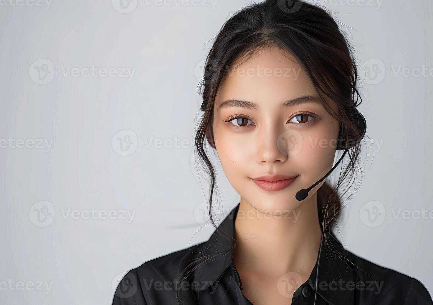A photo of a young woman with long dark hair. She is wearing a black shirt and a headset. She has a friendly smile on her face.