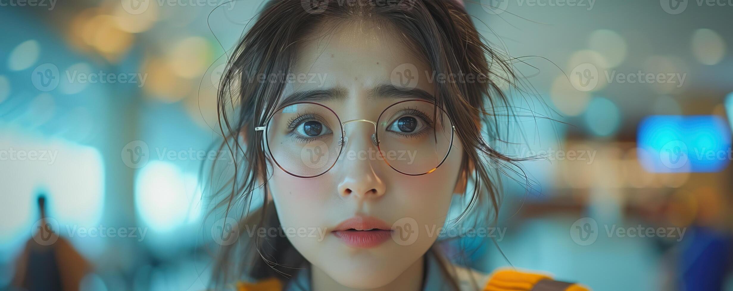 A photo of a beautiful young woman with glasses looking at the camera with a slightly worried expression on her face.